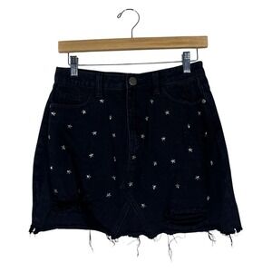 8th of LA Star Studded Distressed Denim Mini Skirt Black Grunge Edgy Size M